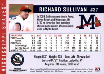 2010 Grandstand Mississippi Braves #28 Richard Sullivan Back