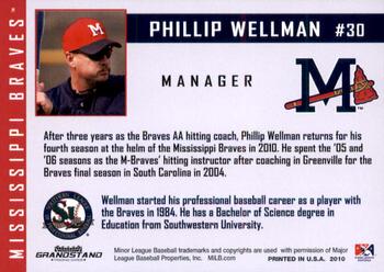 2010 Grandstand Mississippi Braves #30 Phillip Wellman Back