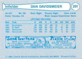 1985 Cramer Vancouver Canadians #201 Dan Davidsmeier Back
