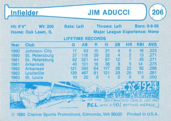 1985 Cramer Vancouver Canadians #206 Jim Adduci Back