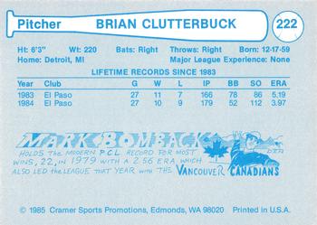 1985 Cramer Vancouver Canadians #222 Bryan Clutterbuck Back