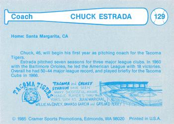 1985 Cramer Tacoma Tigers #129 Chuck Estrada Back