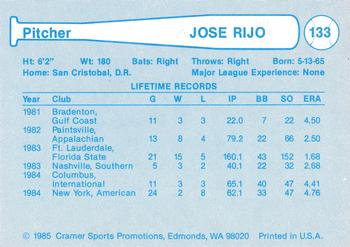 1985 Cramer Tacoma Tigers #133 Jose Rijo Back