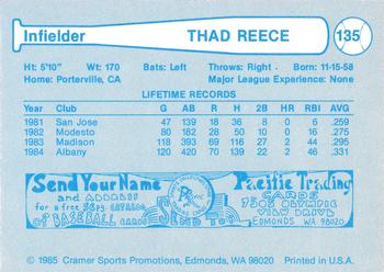 1985 Cramer Tacoma Tigers #135 Thad Reece Back