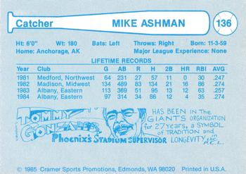 1985 Cramer Tacoma Tigers #136 Mike Ashman Back