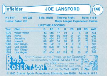 1985 Cramer Tacoma Tigers #146 Joe Lansford Back