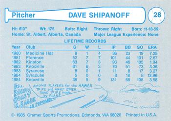 1985 Cramer Portland Beavers #28 Dave Shipanoff Back