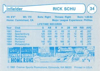 1985 Cramer Portland Beavers #34 Rick Schu Back
