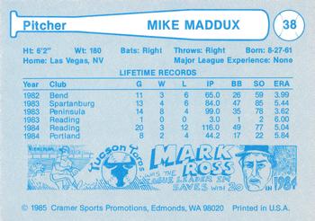 1985 Cramer Portland Beavers #38 Mike Maddux Back