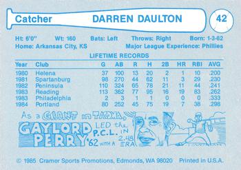 1985 Cramer Portland Beavers #42 Darren Daulton Back