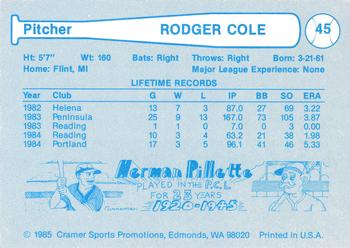 1985 Cramer Portland Beavers #45 Rodger Cole Back