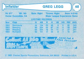 1985 Cramer Portland Beavers #48 Greg Legg Back