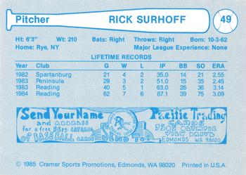 1985 Cramer Portland Beavers #49 Rick Surhoff Back