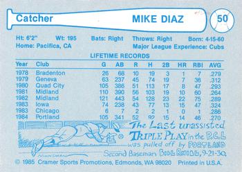1985 Cramer Portland Beavers #50 Mike Diaz Back