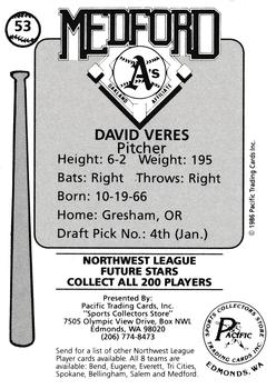 1986 Cramer Medford A's #53 Dave Veres Back