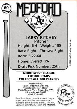 1986 Cramer Medford A's #60 Larry Ritchey Back