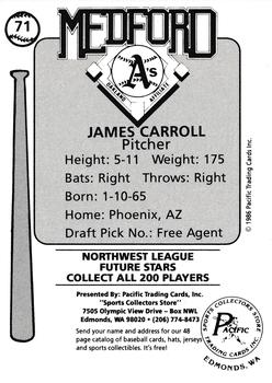 1986 Cramer Medford A's #71 Jim Carroll Back