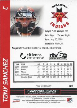 2013 Choice Indianapolis Indians #23 Tony Sanchez Back