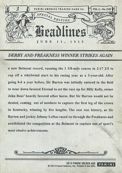 2013 Panini Golden Age - Headlines #3 Sir Barton Wins Belmont Back