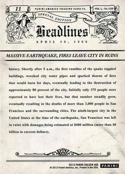 2013 Panini Golden Age - Headlines #11 Quake Rocks San Francisco Back