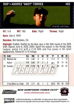 2004 Choice New Hampshire Fisher Cats #03 Andy Torres Back