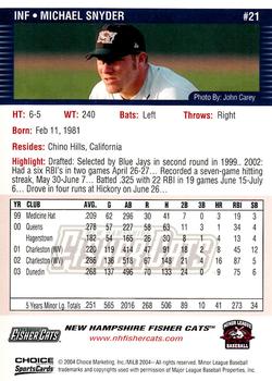 2004 Choice New Hampshire Fisher Cats #21 Mike Snyder Back