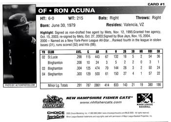 2005 Choice New Hampshire Fisher Cats #1 Ron Acuna Back