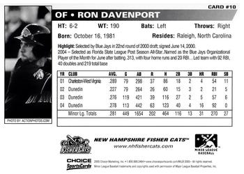 2005 Choice New Hampshire Fisher Cats #10 Ron Davenport Back
