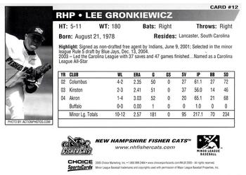 2005 Choice New Hampshire Fisher Cats #12 Lee Gronkiewicz Back