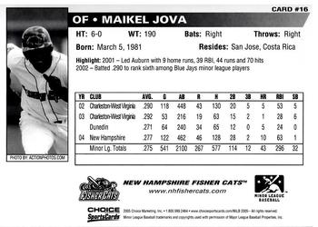 2005 Choice New Hampshire Fisher Cats #16 Maikel Jova Back
