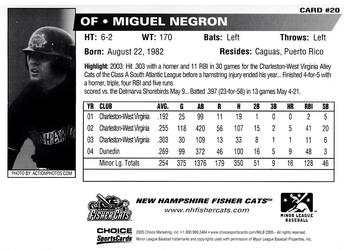 2005 Choice New Hampshire Fisher Cats #20 Miguel Negron Back
