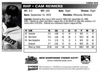 2005 Choice New Hampshire Fisher Cats #23 Cameron Reimers Back