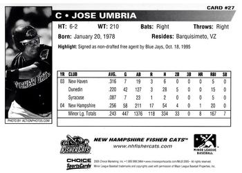 2005 Choice New Hampshire Fisher Cats #27 Jose Umbria Back
