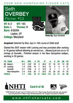 2008 MultiAd New Hampshire Fisher Cats #8 Seth Overbey Back