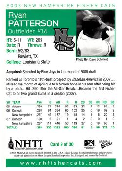 2008 MultiAd New Hampshire Fisher Cats #9 Ryan Patterson Back