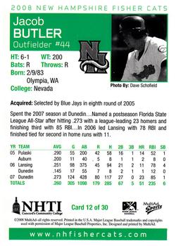 2008 MultiAd New Hampshire Fisher Cats #12 Jacob Butler Back