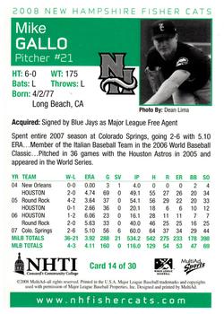 2008 MultiAd New Hampshire Fisher Cats #14 Mike Gallo Back