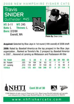 2008 MultiAd New Hampshire Fisher Cats #20 Travis Snider Back