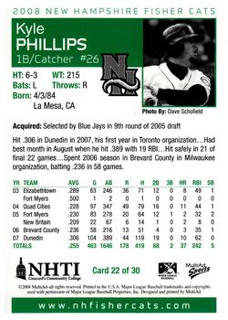 2008 MultiAd New Hampshire Fisher Cats #22 Kyle Phillips Back