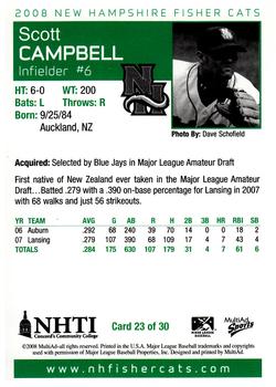 2008 MultiAd New Hampshire Fisher Cats #23 Scott Campbell Back