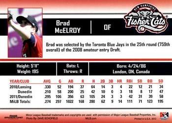 2012 Grandstand New Hampshire Fisher Cats #16 Brad McElroy Back