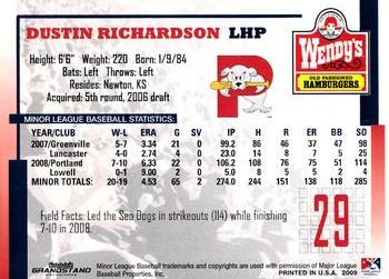2009 Grandstand Portland Sea Dogs #NNO Dustin Richardson Back