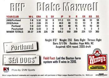 2011 Grandstand Portland Sea Dogs #NNO Blake Maxwell Back