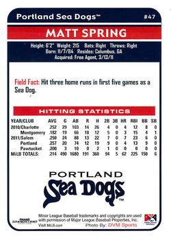2012 Grandstand Portland Sea Dogs #NNO Matt Spring Back
