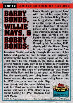 1993 Stadium Club Ultra-Pro #1 Barry Bonds / Willie Mays / Bobby Bonds Back