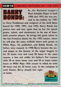 1993 Stadium Club Ultra-Pro #10 Barry Bonds Back