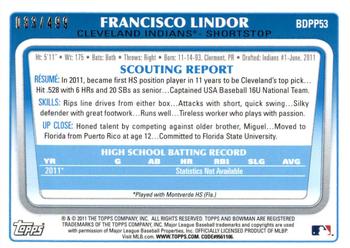 2011 Bowman Draft Picks & Prospects - Prospects Blue #BDPP53 Francisco Lindor Back