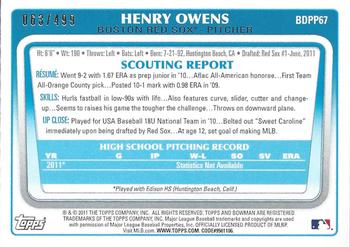 2011 Bowman Draft Picks & Prospects - Prospects Blue #BDPP67 Henry Owens Back