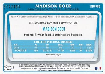 2011 Bowman Draft Picks & Prospects - Prospects Blue #BDPP85 Madison Boer Back