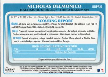 2011 Bowman Draft Picks & Prospects - Prospects Gold #BDPP26 Nicholas Delmonico Back